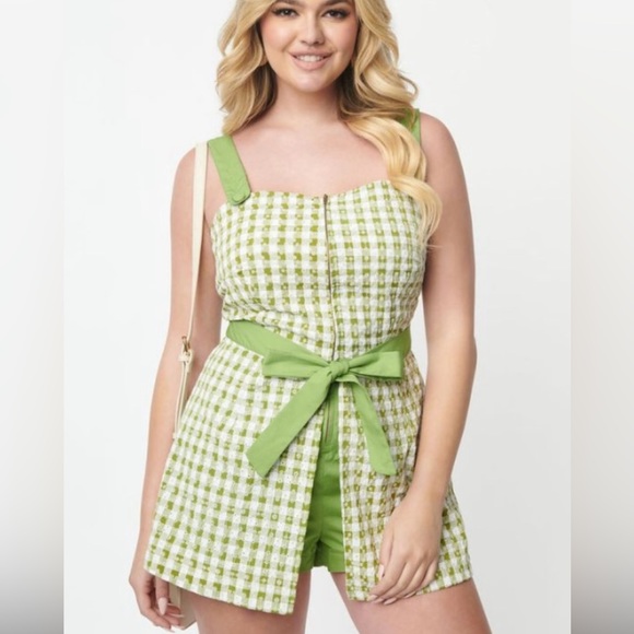 Unique Vintage Dresses & Skirts - NWT Smak Parlour Plus Size Green Gingham Eyelet Skirted Romper - 3X/20